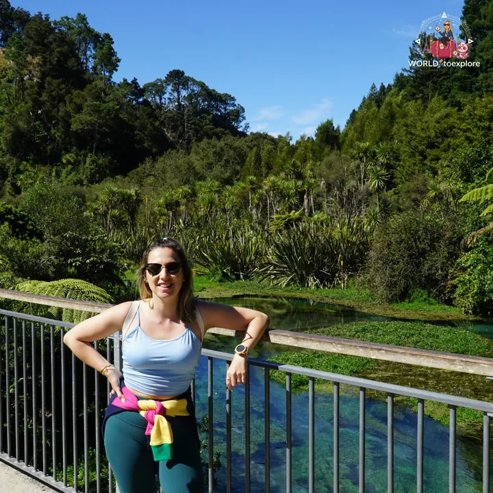 The author leaning on the bridge railing, with the Blue Spring and native vegetation in the background, under a blue sky