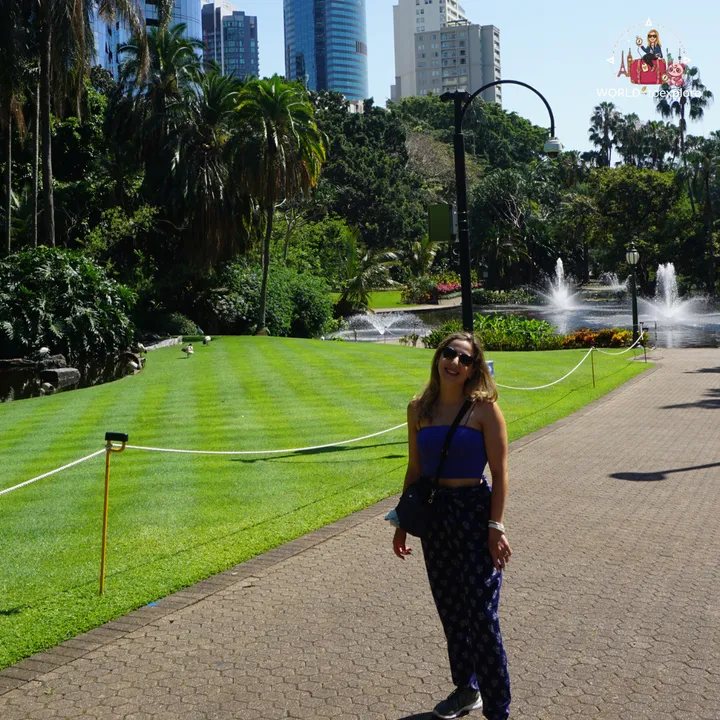 A striped lawn and fountains in a lake at the City Botanic Gardens, with skyscrapers in the background