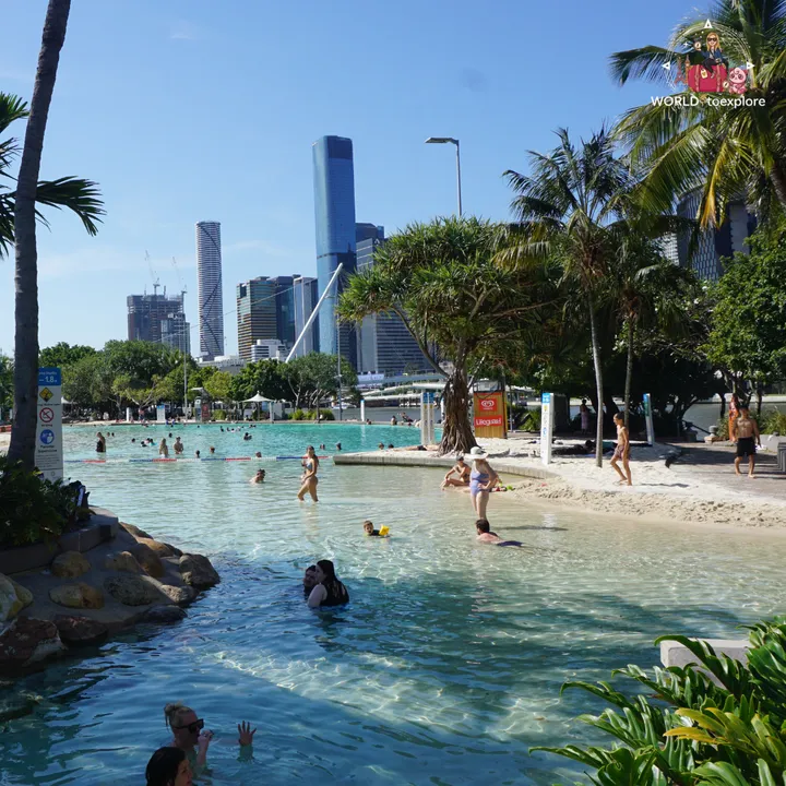 Streets Beach, at South Bank, with the Brisbane skyline in the background