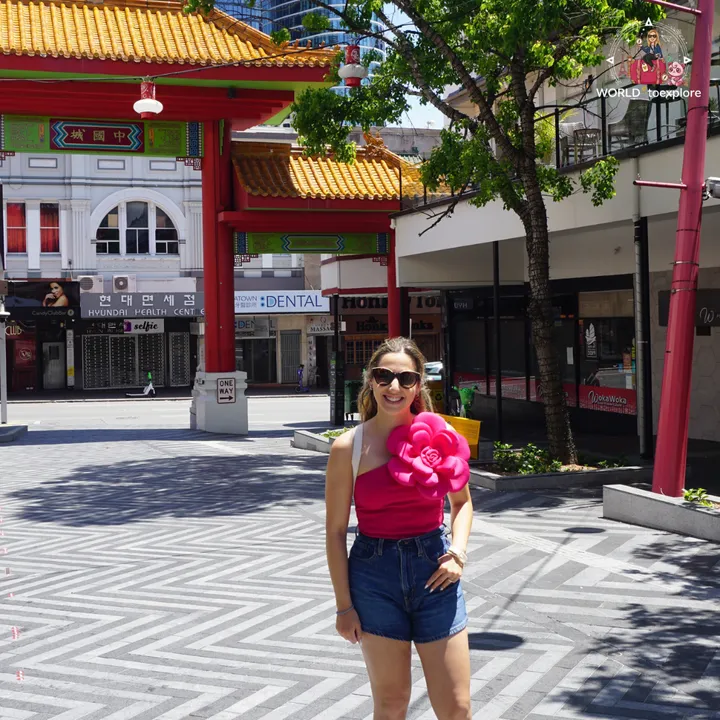 At Chinatown Mall, with the Chinese gate and the shops in the background