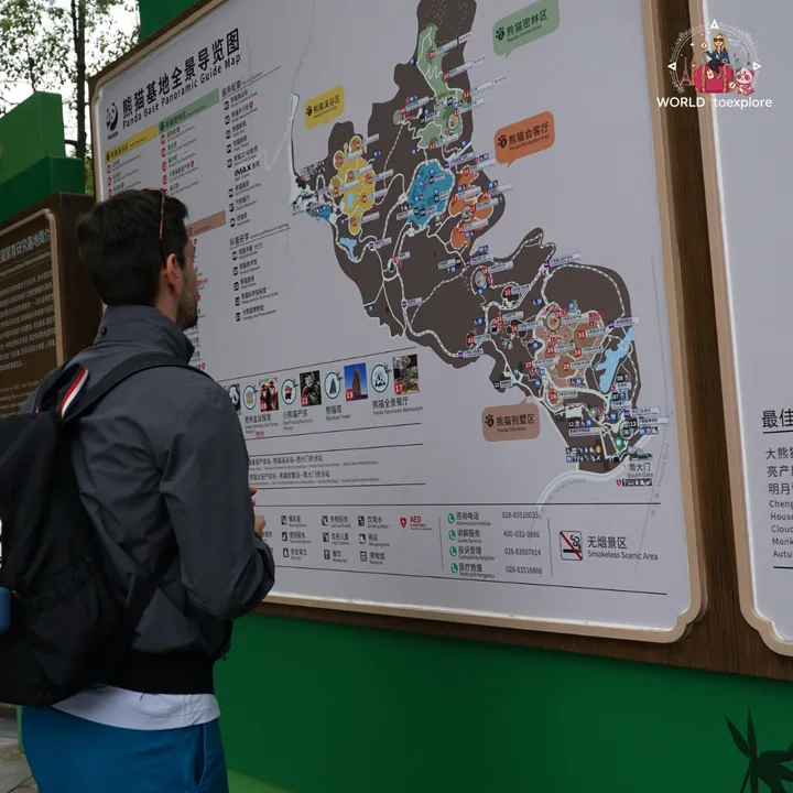 Man looking at the general map of the Chengdu Research Base on an information board