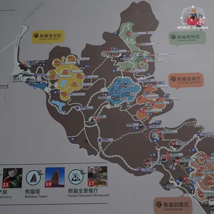 Close-up of the panoramic map of the Chengdu Research Base, showing the park’s different zones