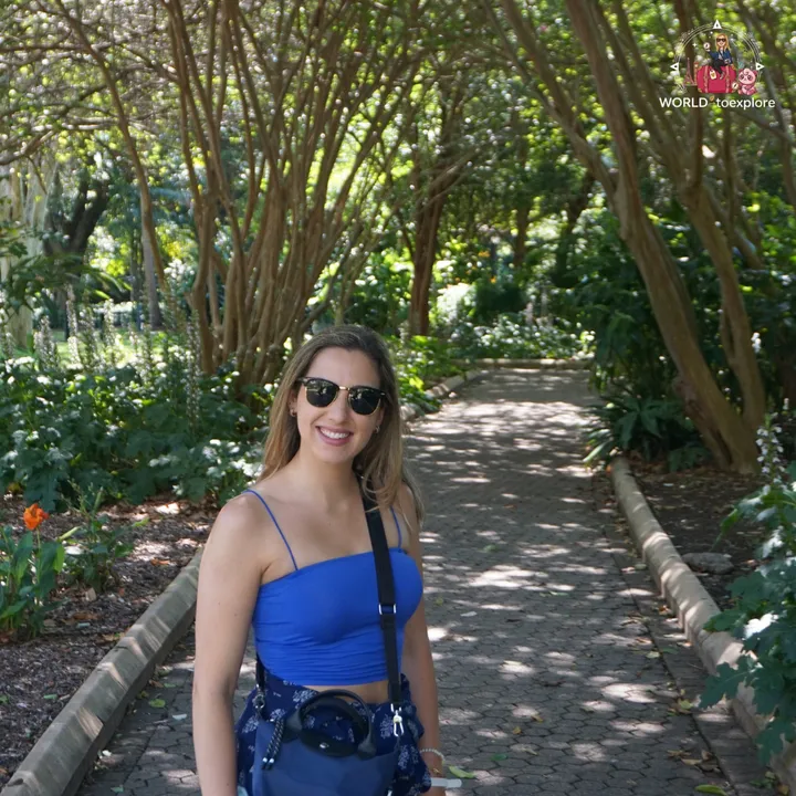In a tunnel of trees over a path lined with flower beds, in the gardens