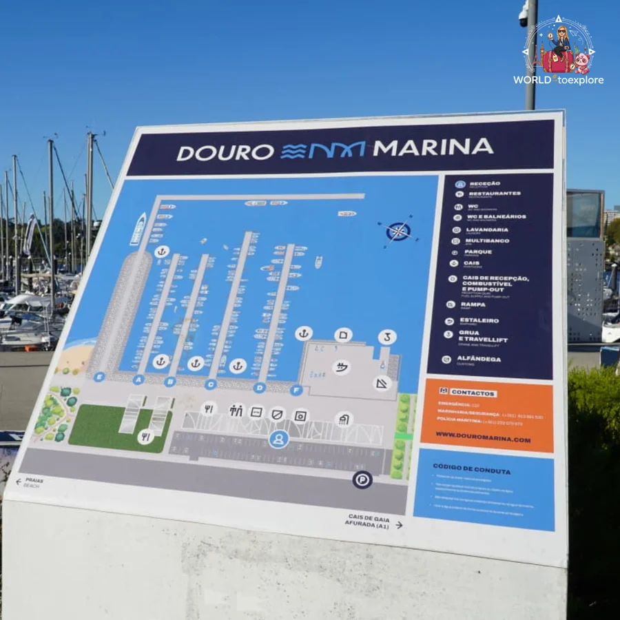 Map of Douro Marina on a blue sign, showing the location of the docks, reception, restaurants and services