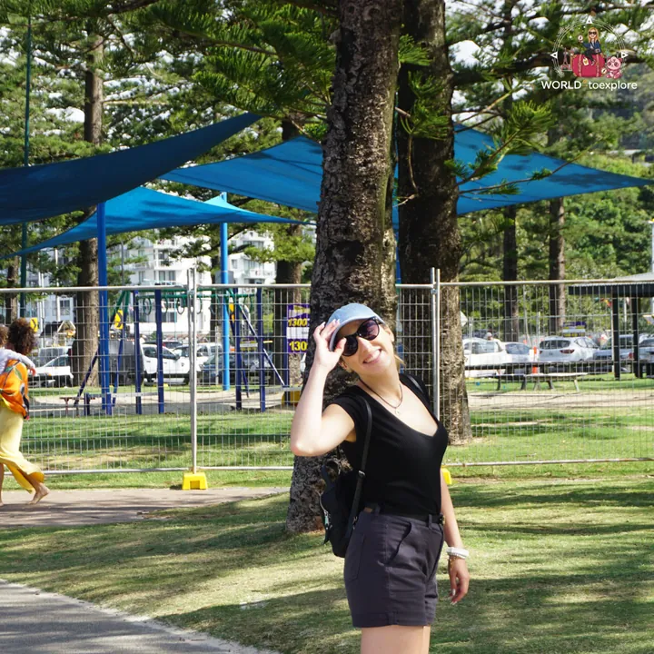 At Burleigh Heads park, in the shade of the Norfolk pines