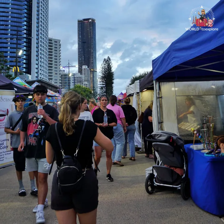 At the Surfers Paradise night market, with the skyscrapers behind