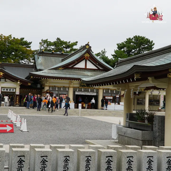 View of the grounds of Hiroshima Gokoku Shrine, with rows of stone steles