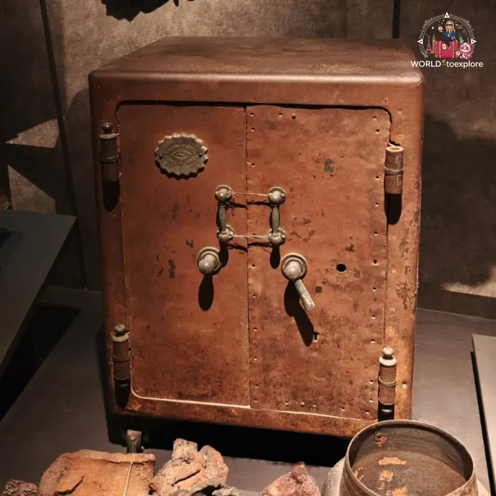 A rusted metal safe that survived the explosion, on display at the museum