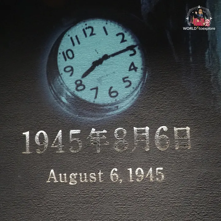 A wall clock stopped at 08.15h on display, with the date 6 August 1945 written below in Japanese and English
