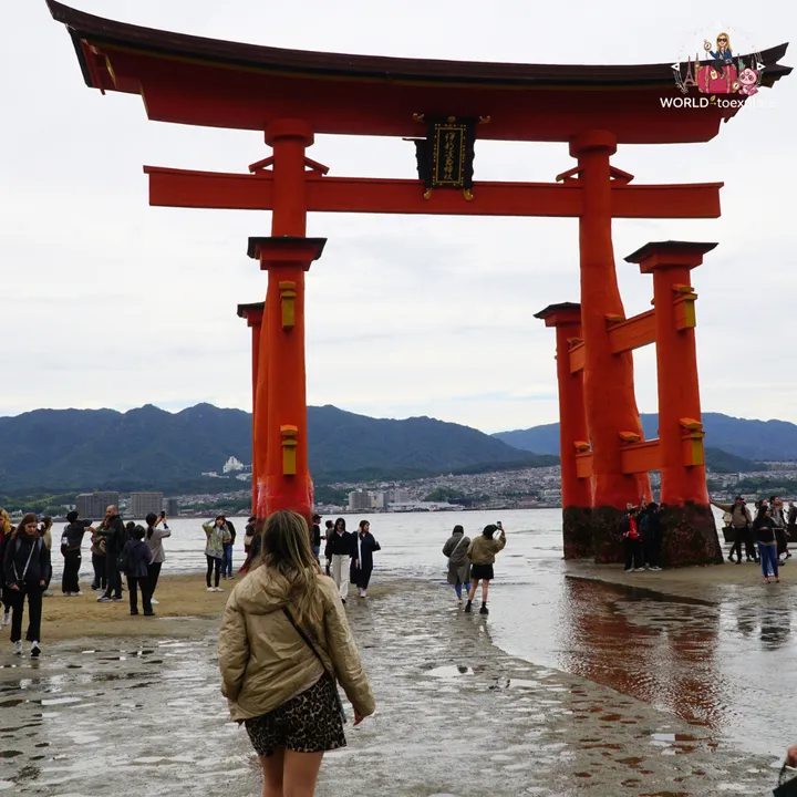 Walking across the wet sand towards the great torii, with the mainland coast on the other side of the water