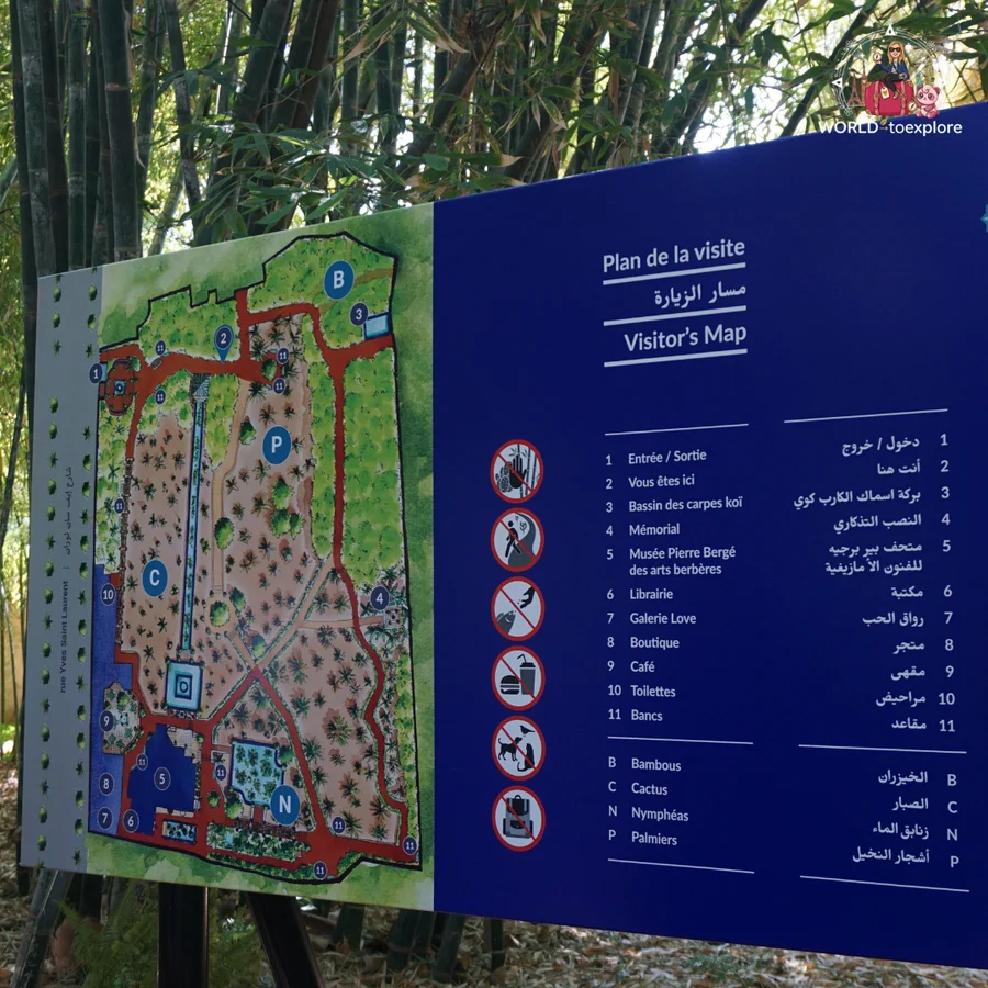 Visitor's map of the Majorelle Garden on a blue sign, in French, Arabic and English, with a key to the areas and facilities