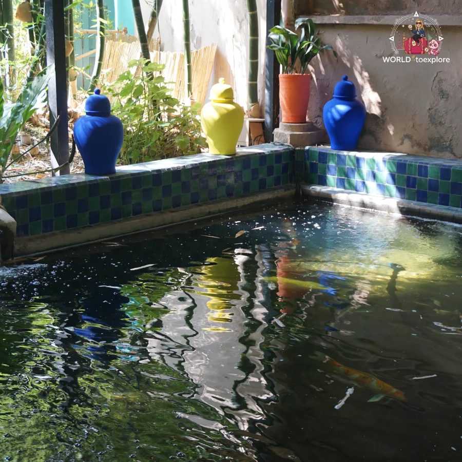 Pond with blue and green tiles and blue and yellow vases, with fish in the water