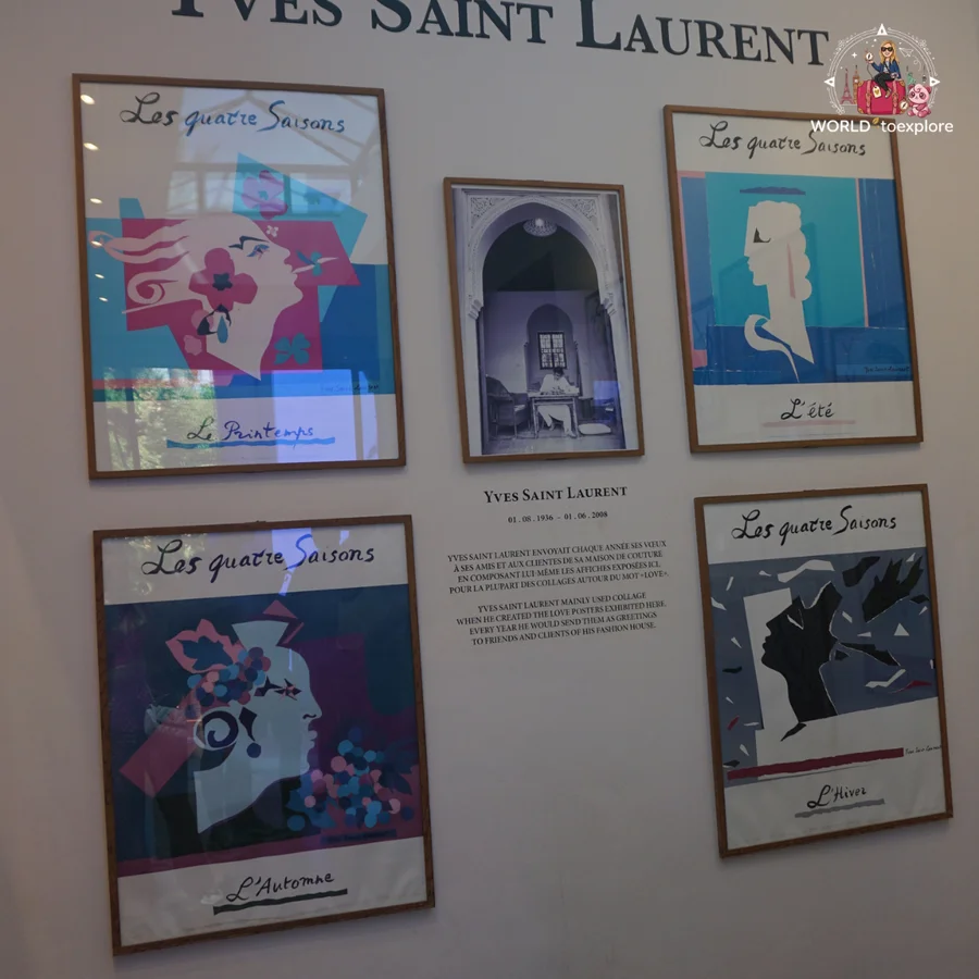'Les quatre saisons' posters by Yves Saint Laurent on a wall, with a photograph of an interior in the centre