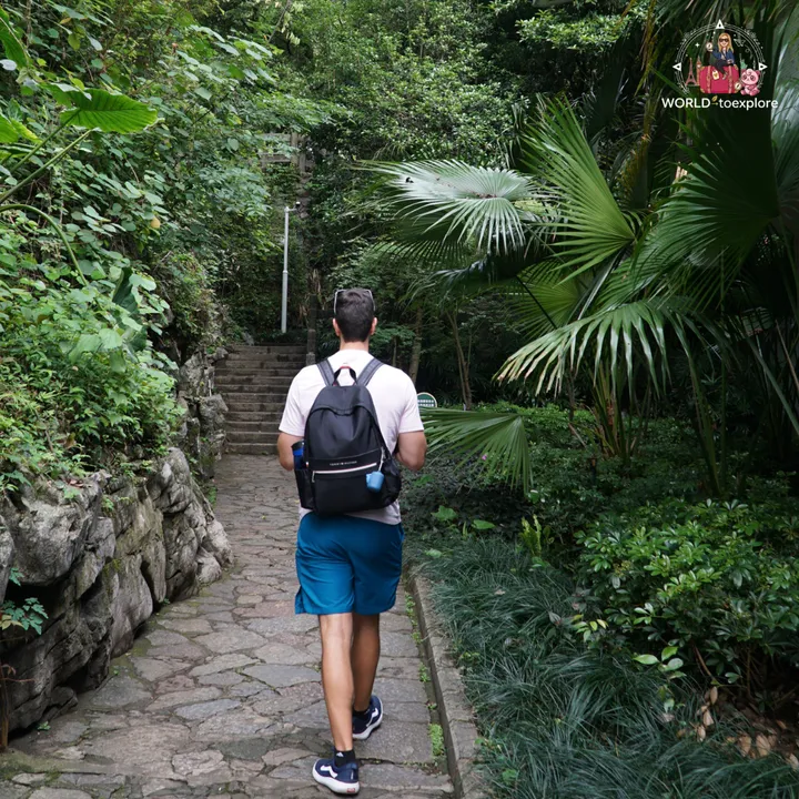 Man climbing a stone path surrounded by tropical vegetation, on Diecai Hill