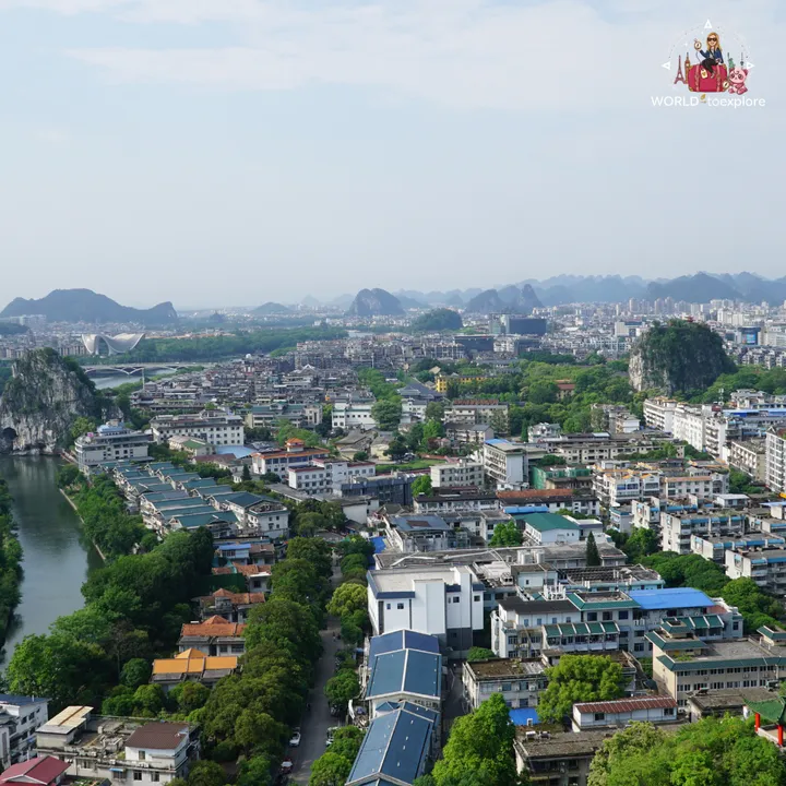 Aerial view of Guilin, with the Li River and karst mountains in the background