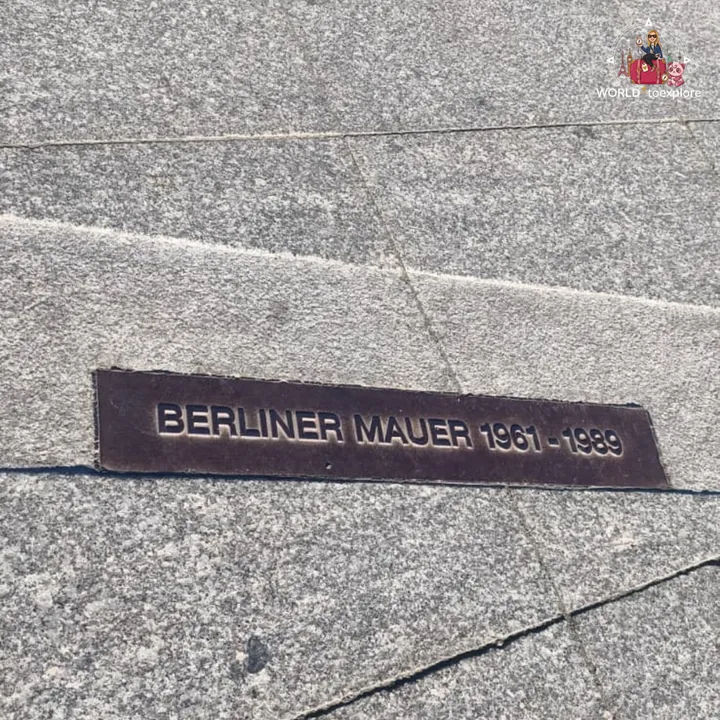 The metal plaque on the ground reading Berliner Mauer 1961-1989, set between the paving slabs