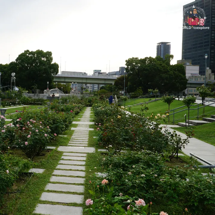 Stone path between rose beds at the Nakanoshima Rose Garden, with an elevated road in the background
