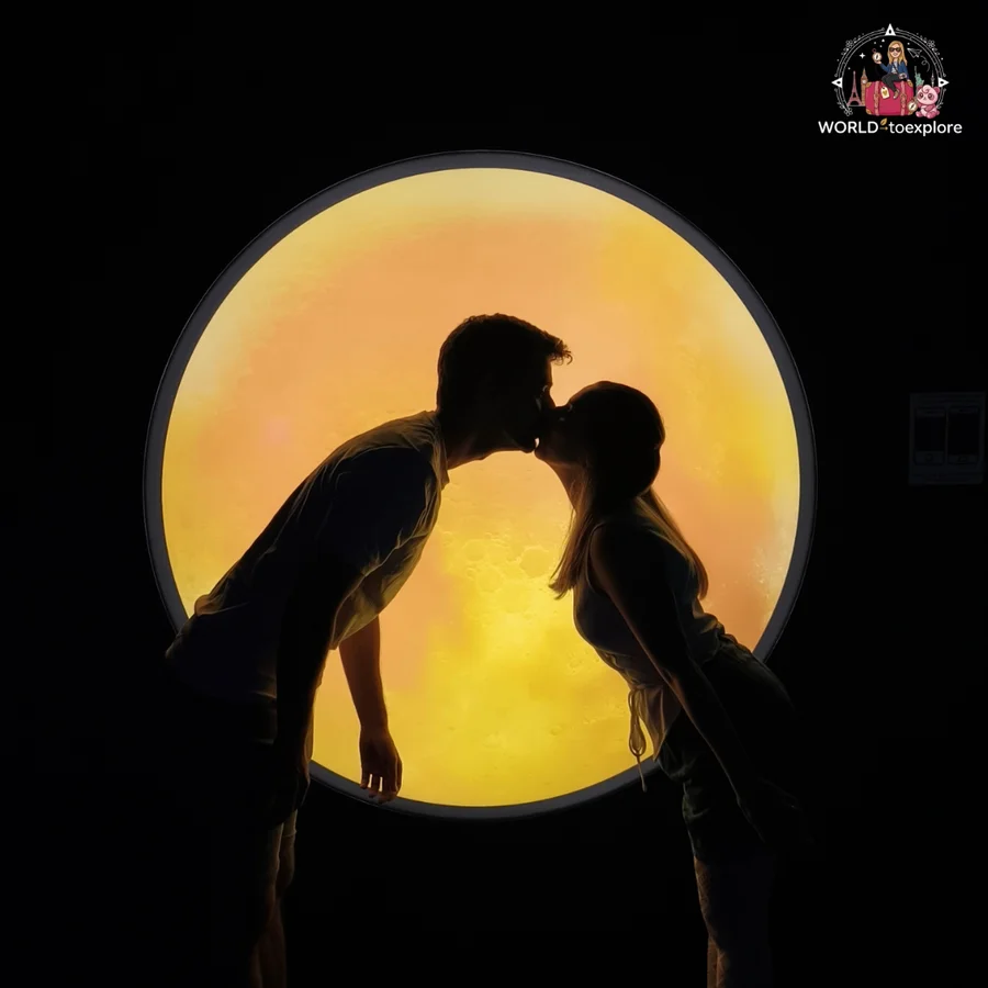 Silhouette of Cristina and her husband kissing in front of a big yellow moon, in a room at Neonia