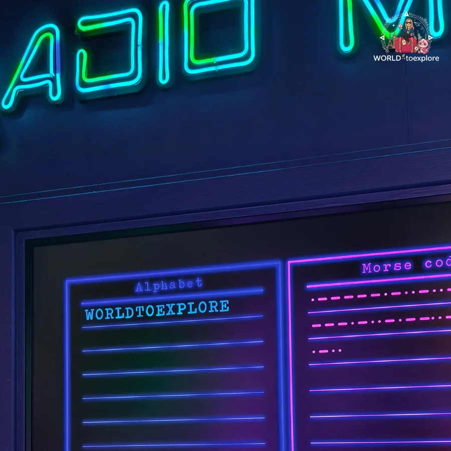 Interactive panel at Neonia with the alphabet and Morse code, with the word WORLDTOEXPLORE spelled out in neon letters