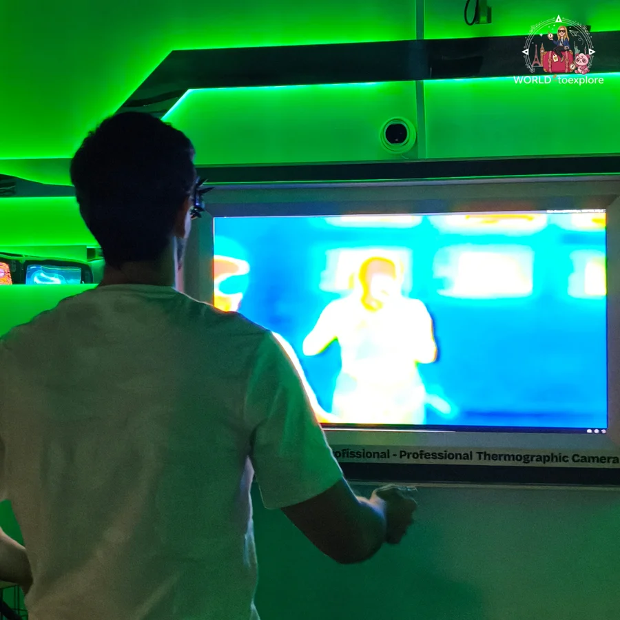 Her husband seen from behind watching his thermal image on a screen with a thermographic camera, in a room at Neonia