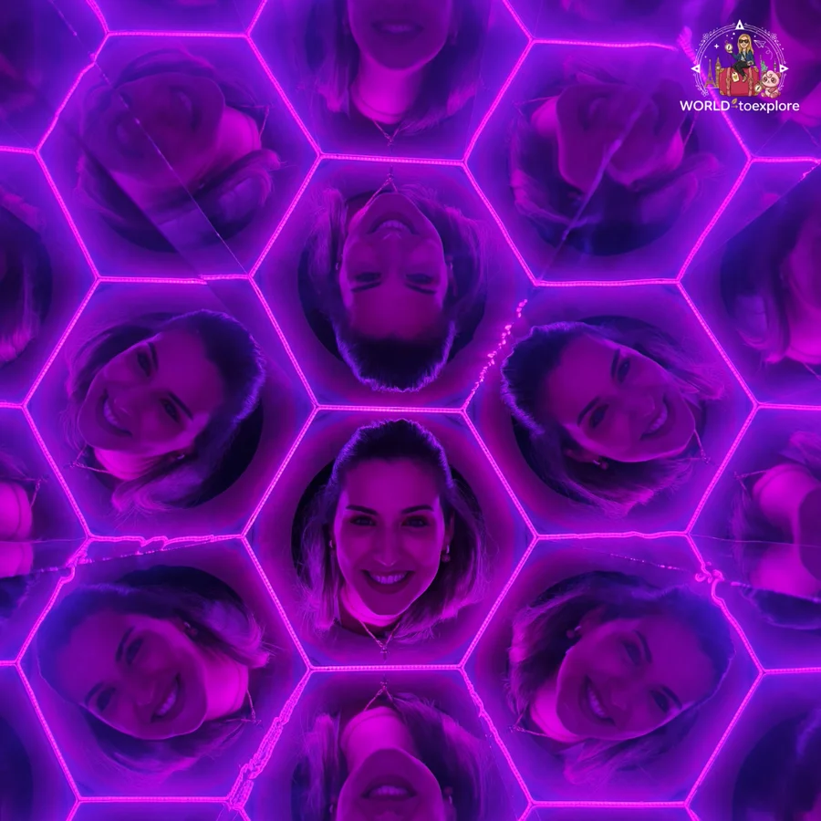 Cristina smiling in the middle of a hexagon mirror that multiplies her face, in a purple-lit room at Neonia