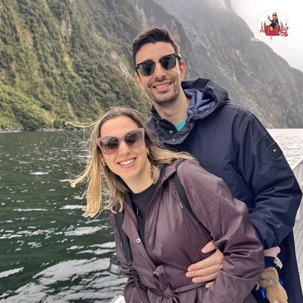 On the Milford Sound cruise, with the fjord behind