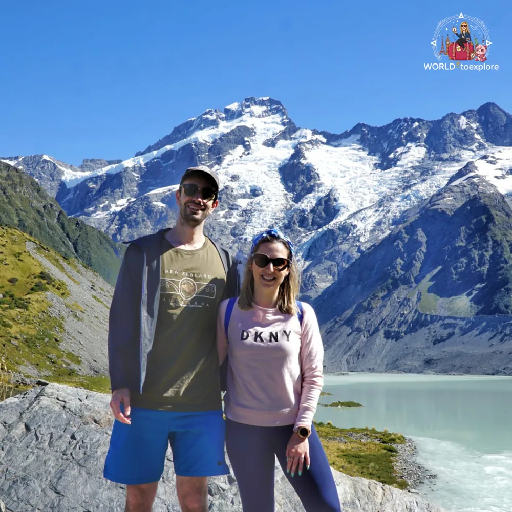 On the Hooker Valley Track, with Mount Cook in the background
