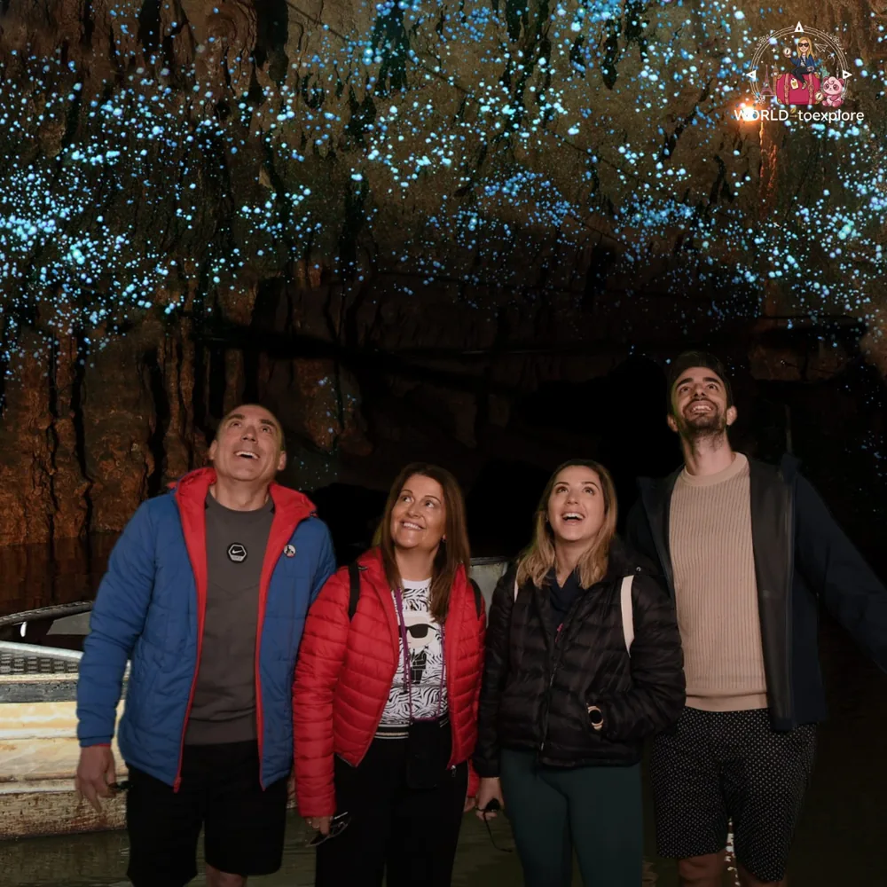 In the Waitomo Glowworm Caves, looking up at the glowworm ceiling