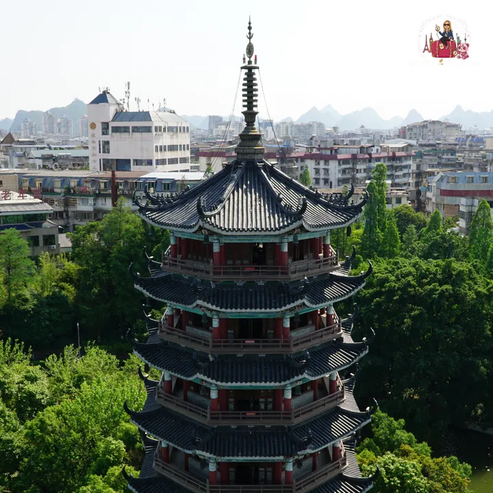 Close-up of the Moon Pagoda, with Guilin’s karst mountains in the background