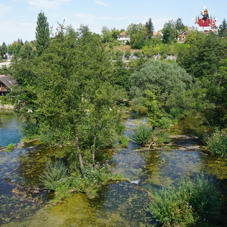 Branches of the Slunjčica river forming islands of vegetation in Rastoke, with houses high on the slope behind