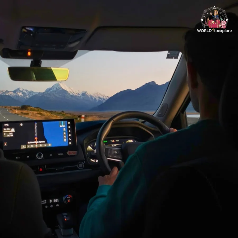 View from the passenger seat with the driver at the wheel of a right-hand-drive car and a snow-capped mountain ahead at sunset