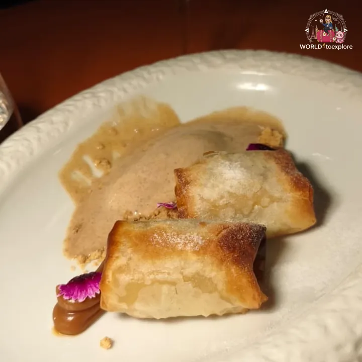 The dessert: RENATA's reinvented custard tart, in crispy filo pastry, with cinnamon ice cream and salted caramel