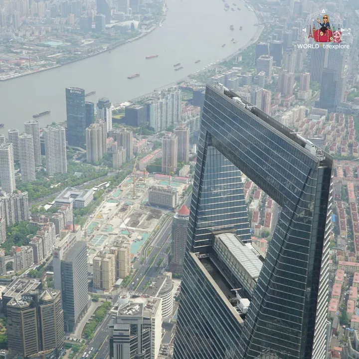 The top of the Shanghai World Financial Center seen from the Shanghai Tower observation deck