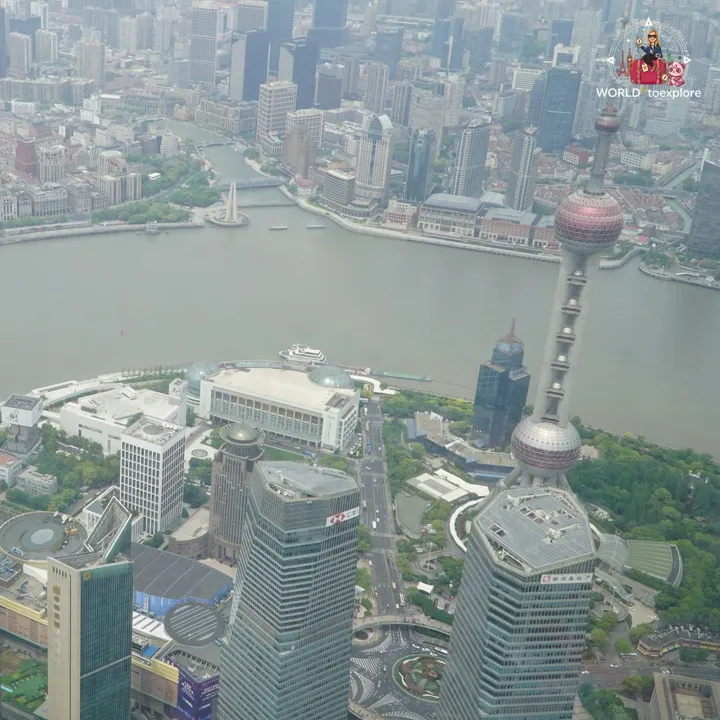 The Oriental Pearl Tower and the Huangpu River seen from the Shanghai Tower observation deck