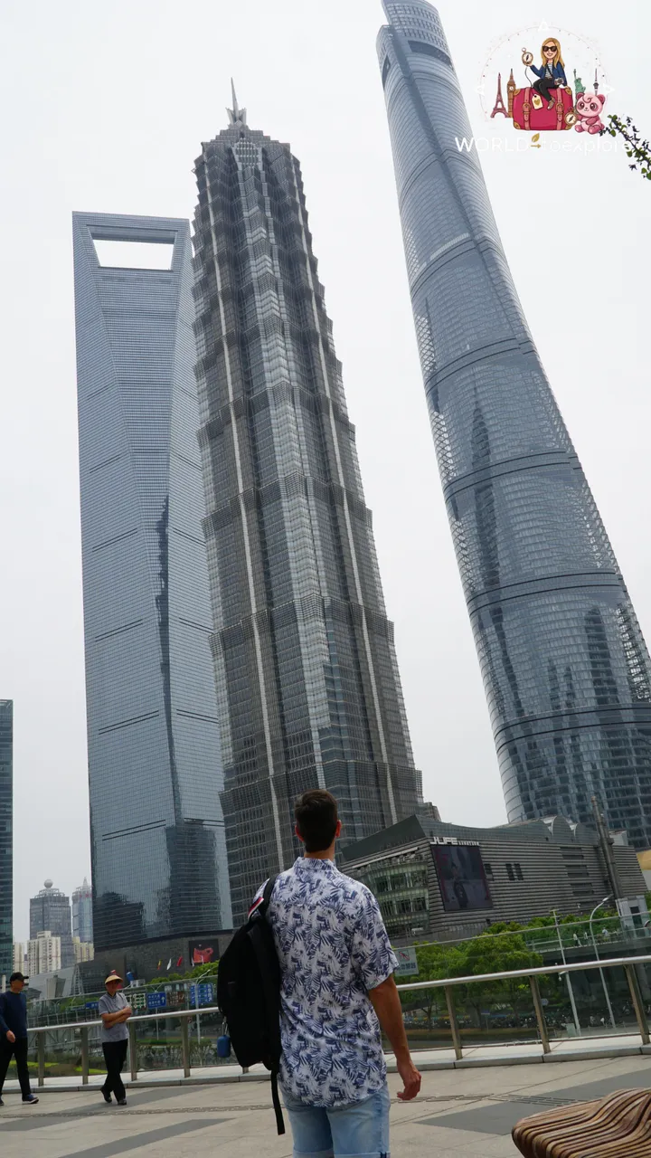 Pudong's trio of skyscrapers - Shanghai World Financial Center, Jin Mao Tower and Shanghai Tower - seen from the base