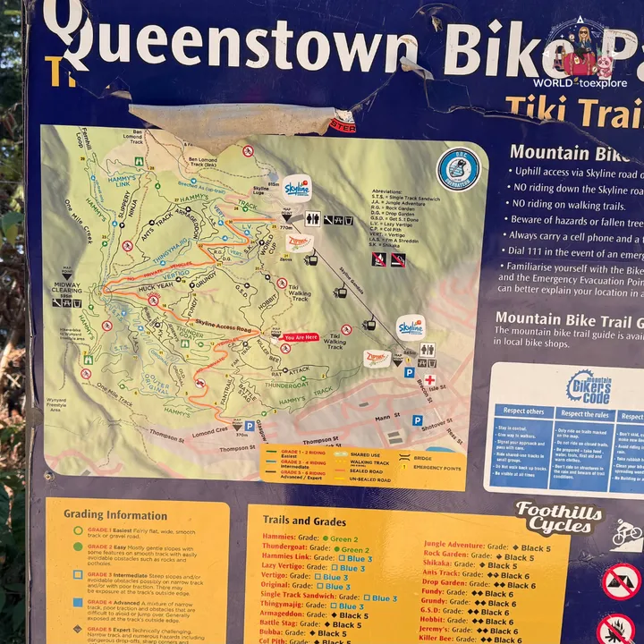 Information map of the Queenstown Bike Park showing the trails and the location of the Tiki Trail