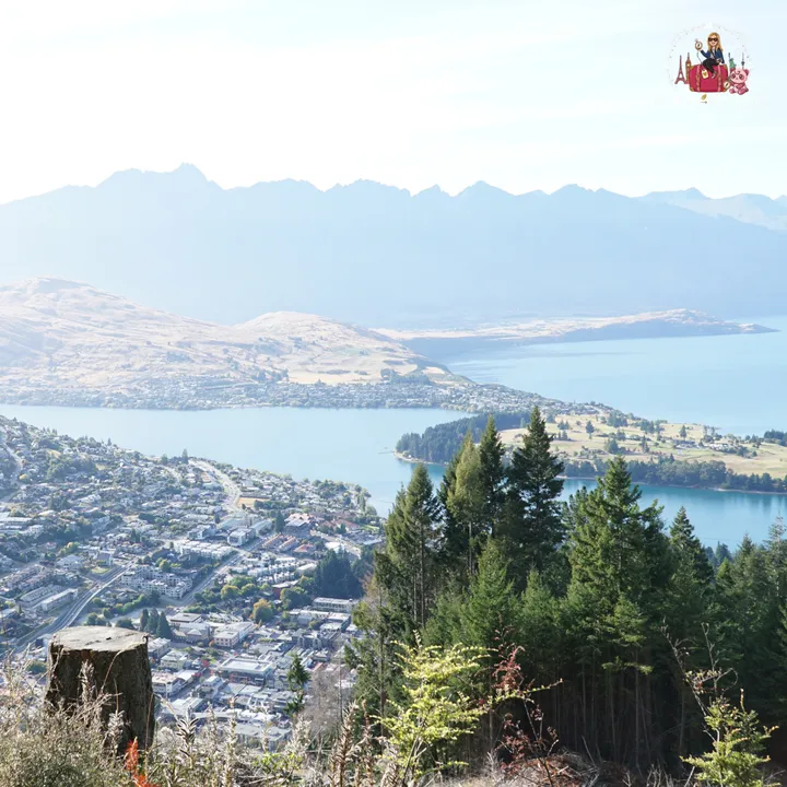 View over Queenstown, Lake Wakatipu and the mountains, framed by pine trees at the top of the Tiki Trail