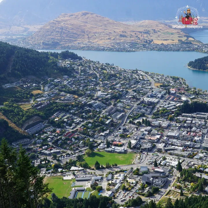 Aerial view over Queenstown and Lake Wakatipu from the Tiki Trail, with the mountains in the background