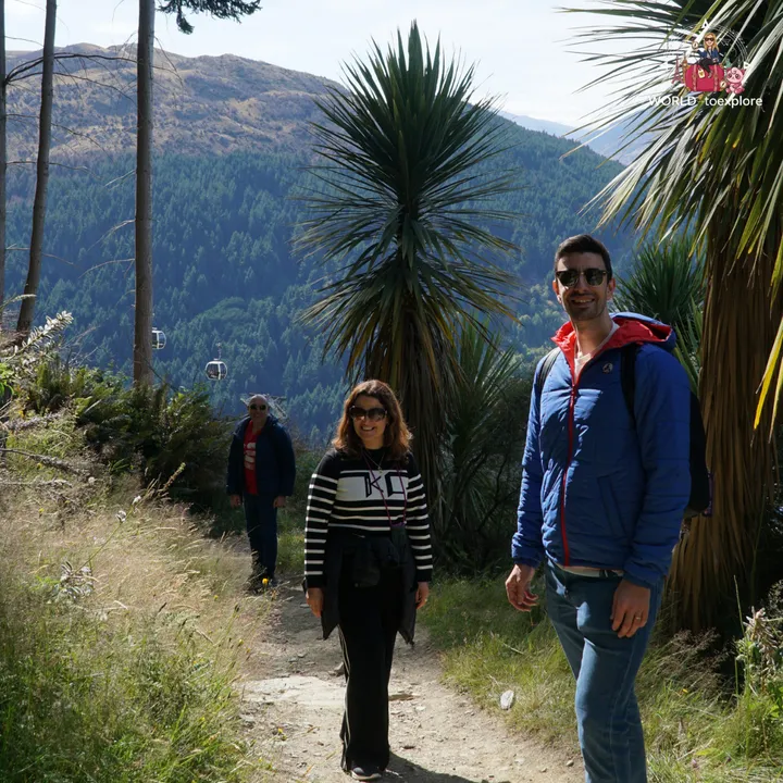 A group walking along the Tiki Trail next to a cordyline plant, with the Skyline Gondola cabins visible in the background