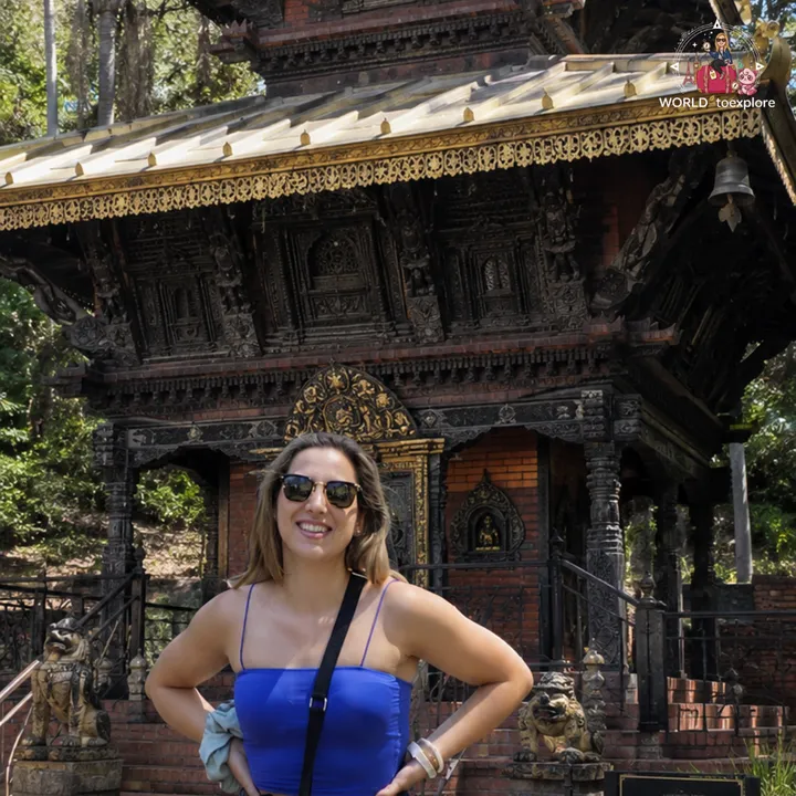 Posing in front of the Nepal Peace Pagoda, the dark-wood Nepalese pagoda with a golden roof and stone lions at its base