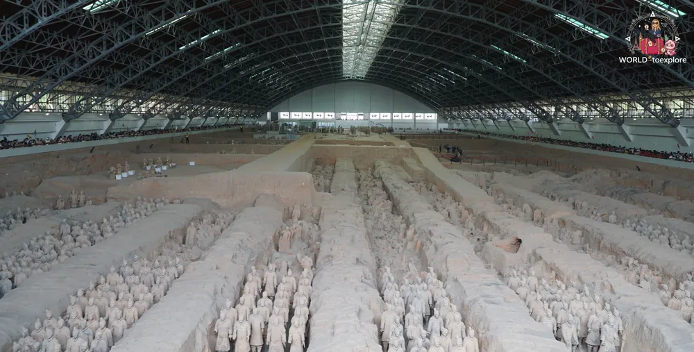 Panoramic view of Pit 1 of the Terracotta Army, with rows of warriors under the vaulted roof