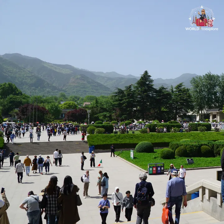 View of the plaza and gardens of the Terracotta Army complex, with the Lishan mountains in the background