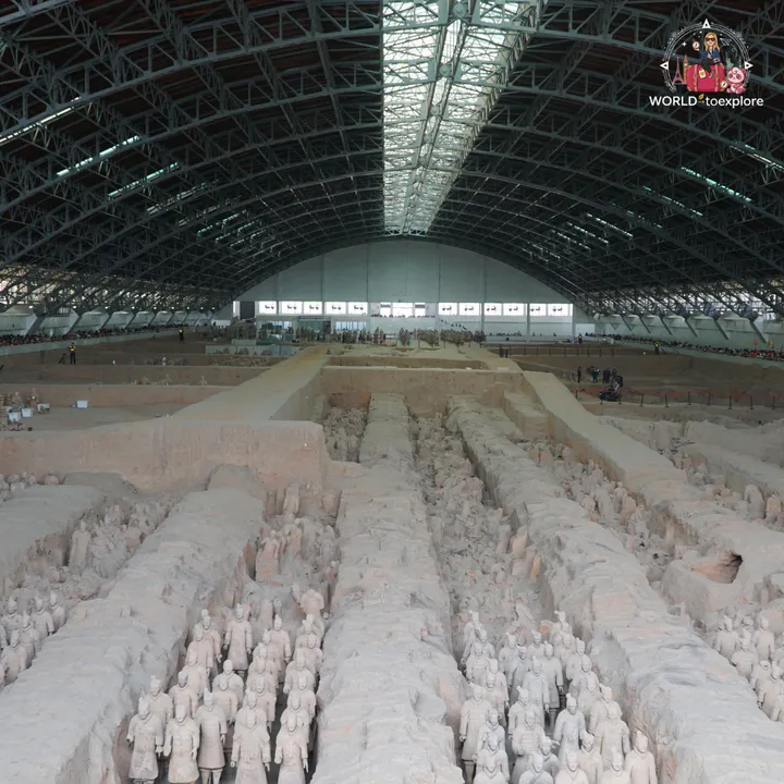 View of the interior of Pit 1, with rows of terracotta warriors lined up