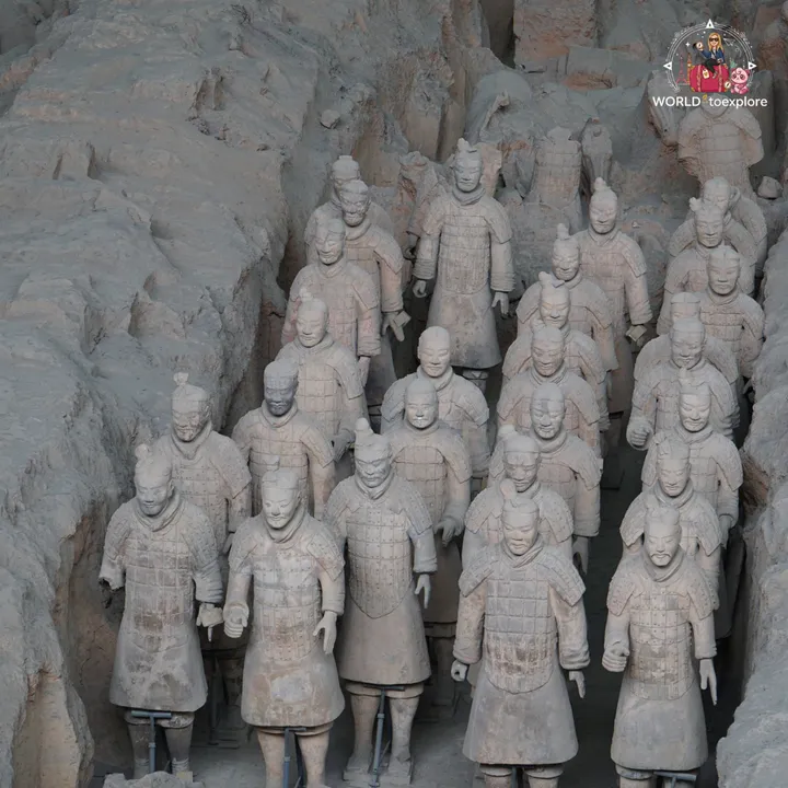 Terracotta warriors in formation in Pit 1, seen up close