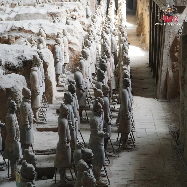 Rows of terracotta warriors in an excavation corridor of Pit 1