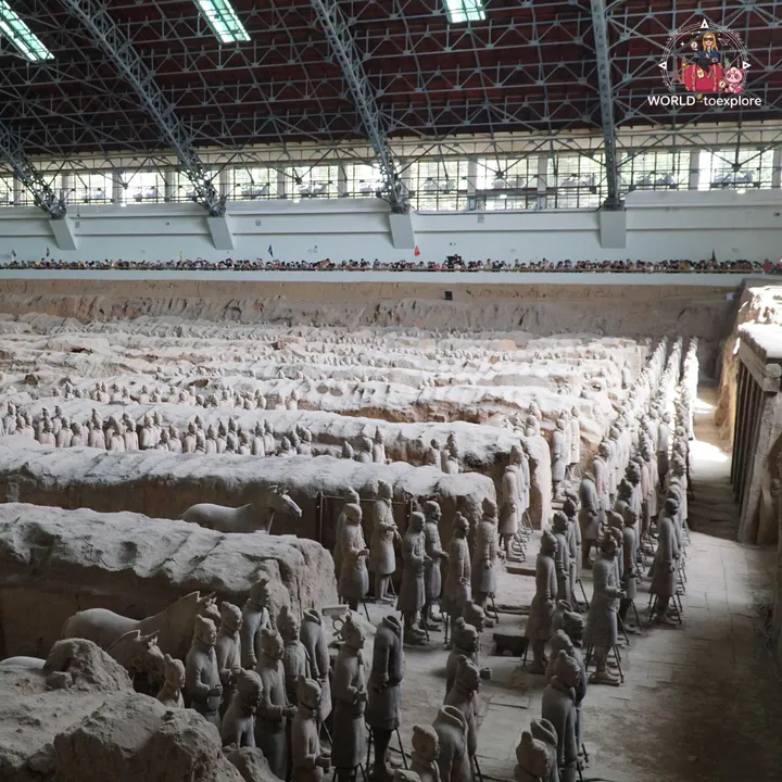 Panoramic view of Pit 1 with thousands of terracotta warriors and visitors