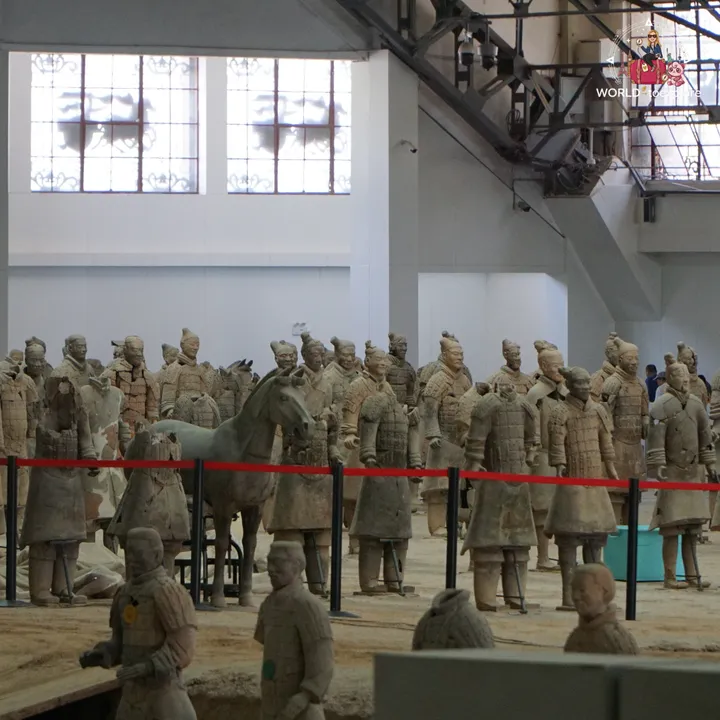 Terracotta warriors and a horse in formation in one of the pits of the Terracotta Army