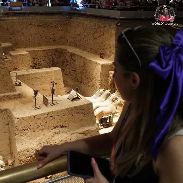 The author looking at the terracotta horses of a pit, by the railing