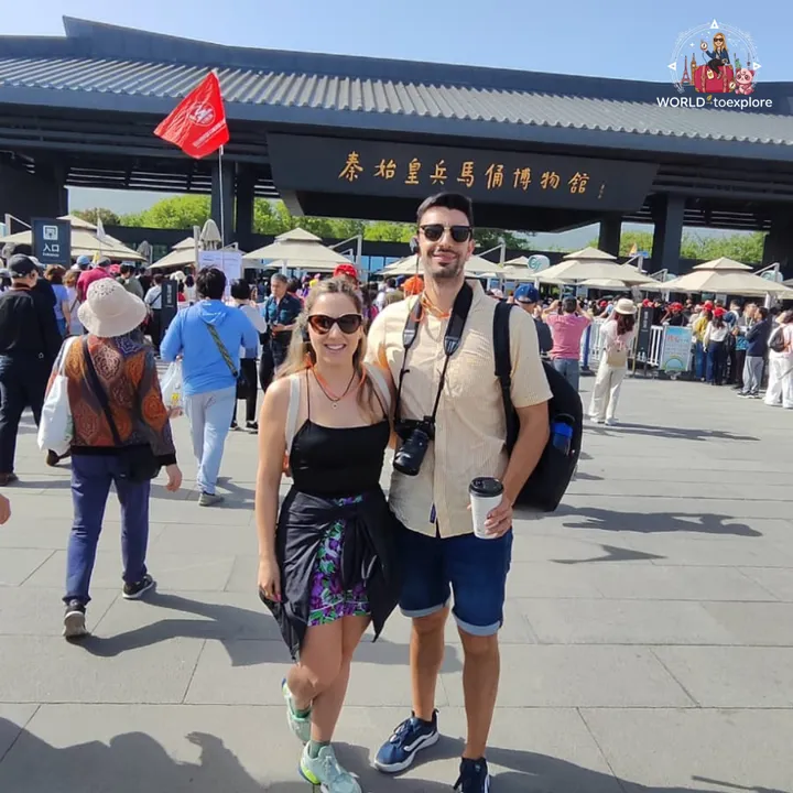 The couple at the entrance to the Museum of the Terracotta Army of Qin Shi Huang, in Xi'an